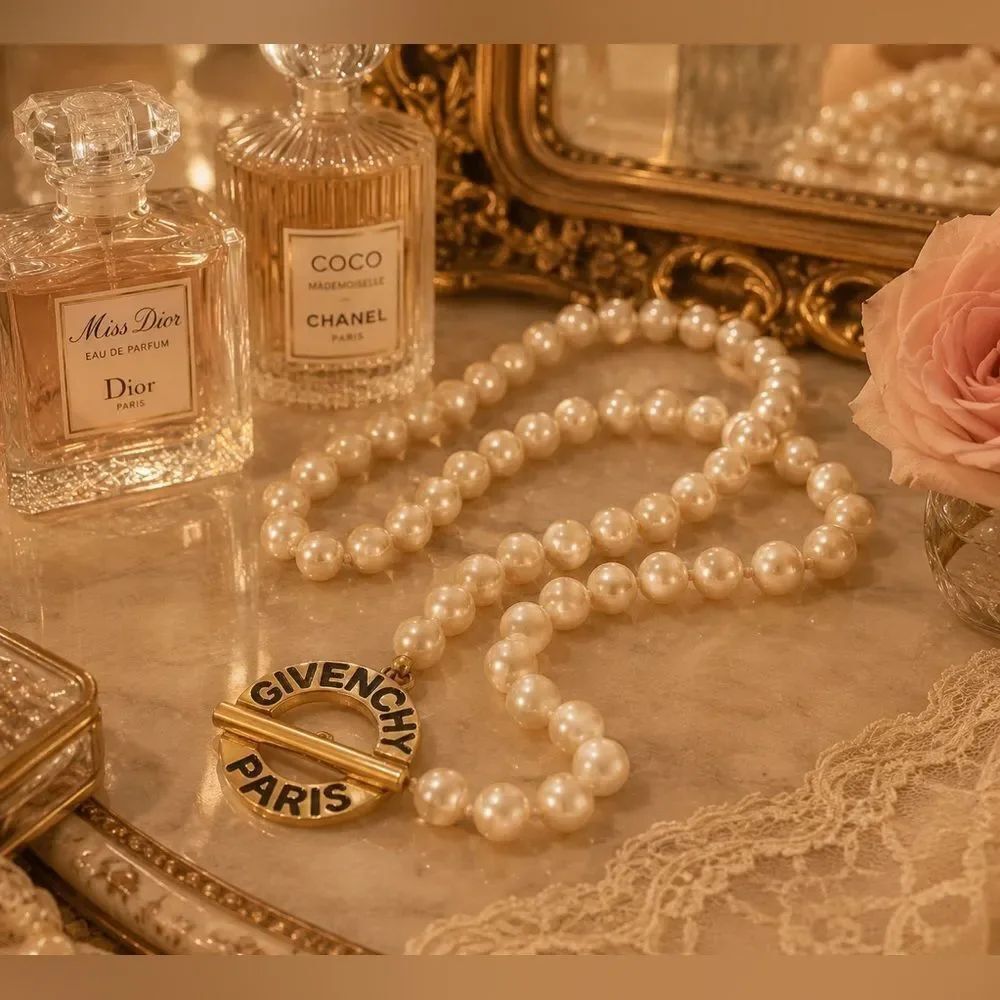 *RARE* Authentic Givenchy Pearl Strand Long Necklace with Gold Toggle